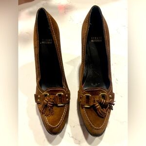 Stuart Weitzman Caramel Brown Suede Tassel Block Heel Loafer Pumps Size 10 M